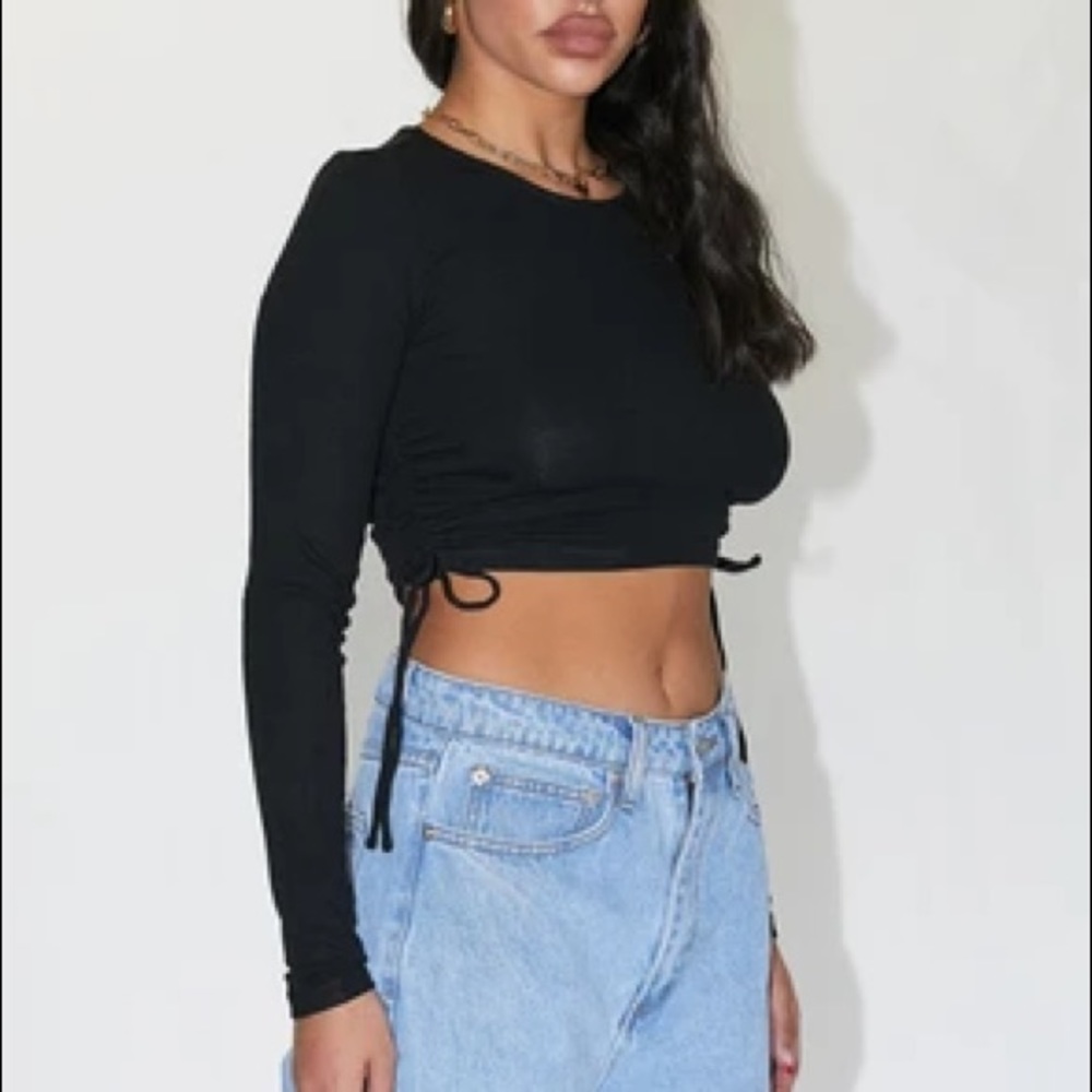 Princess Polly black long sleeve ruched tie side top